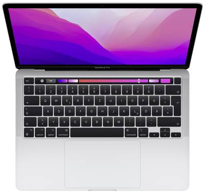 Silbernes MacBook Pro Laptop mit geöffnetem Display und beleuchteter Tastatur, von oben gesehen.