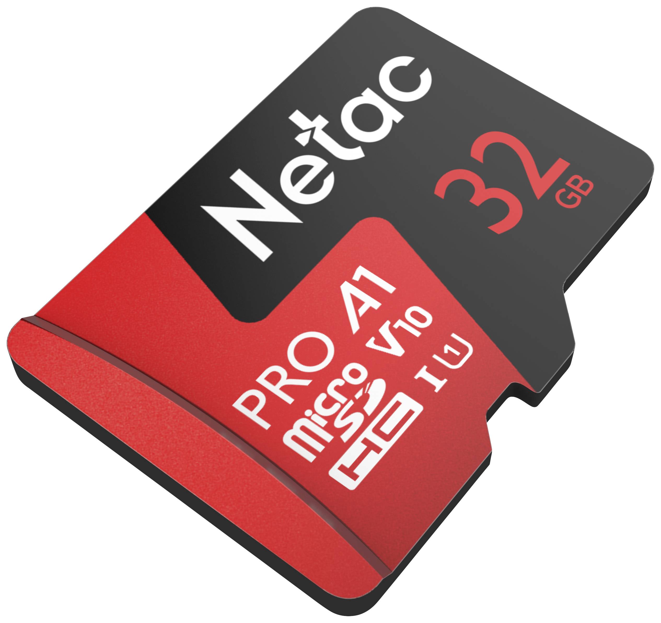 MicroSD-Karte in Rot-Schwarz mit der Aufschrift 'Netac 32 GB', beschriftet als 'PRO A1 Micro V10', geeignet für Hochgeschwindigkeits-Datenübertragung.