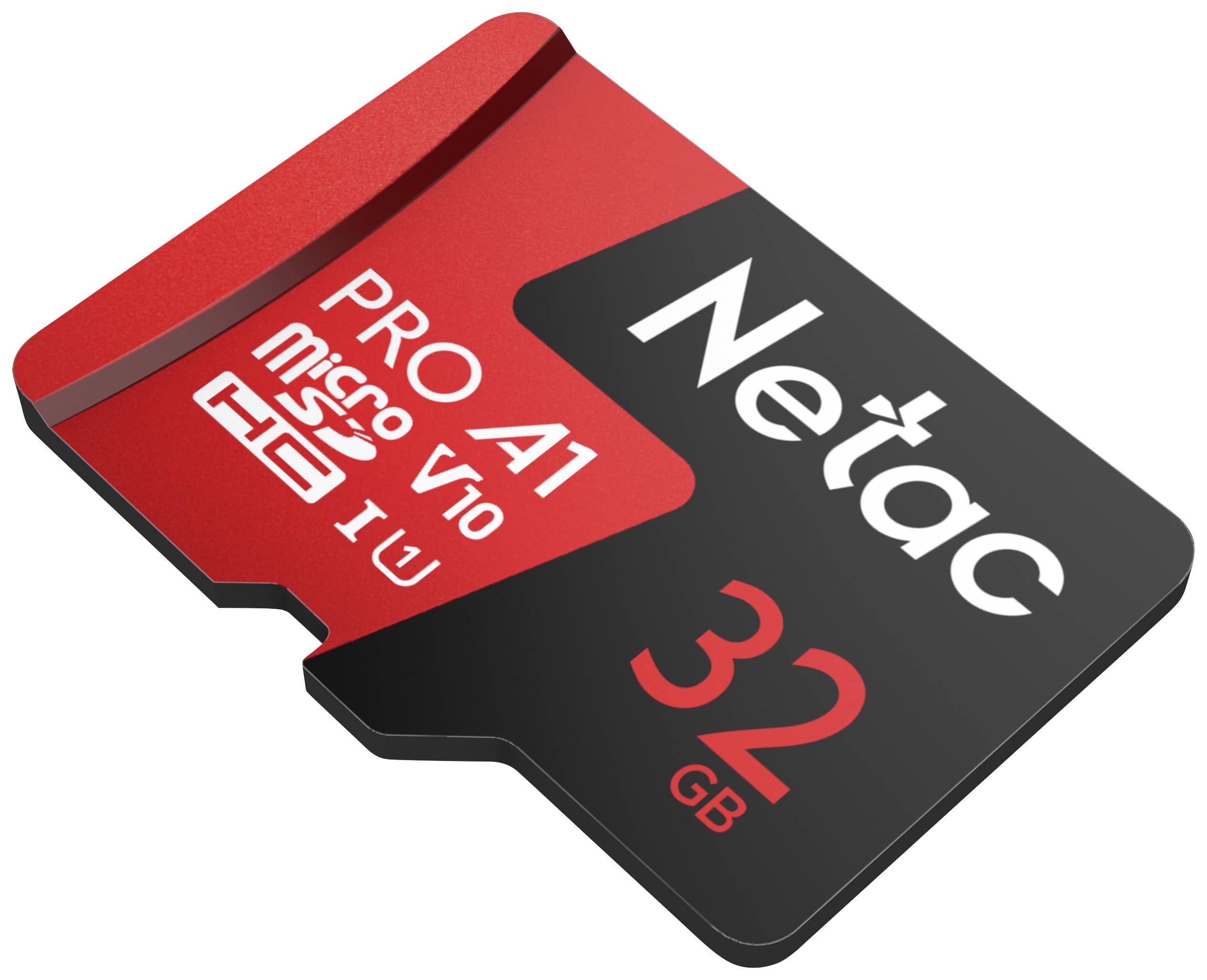 'Netac PRO A1' microSD-Karte mit 32 GB Speicher, geeignet für Full HD-Videoaufnahmen. Rot-schwarzes Design mit Klasse 10 Symbol.