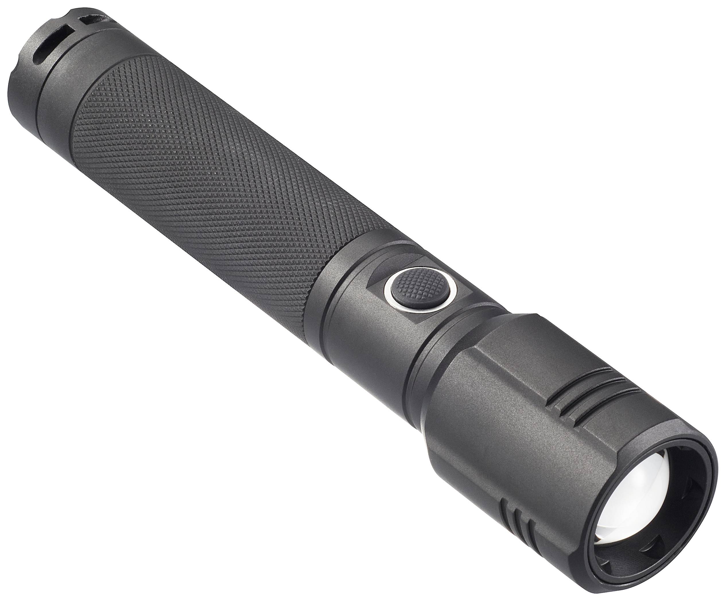 Schwarze Taschenlampe mit strukturiertem Griff und weißem Licht, geeignet für den Außenbereich oder Notfälle.