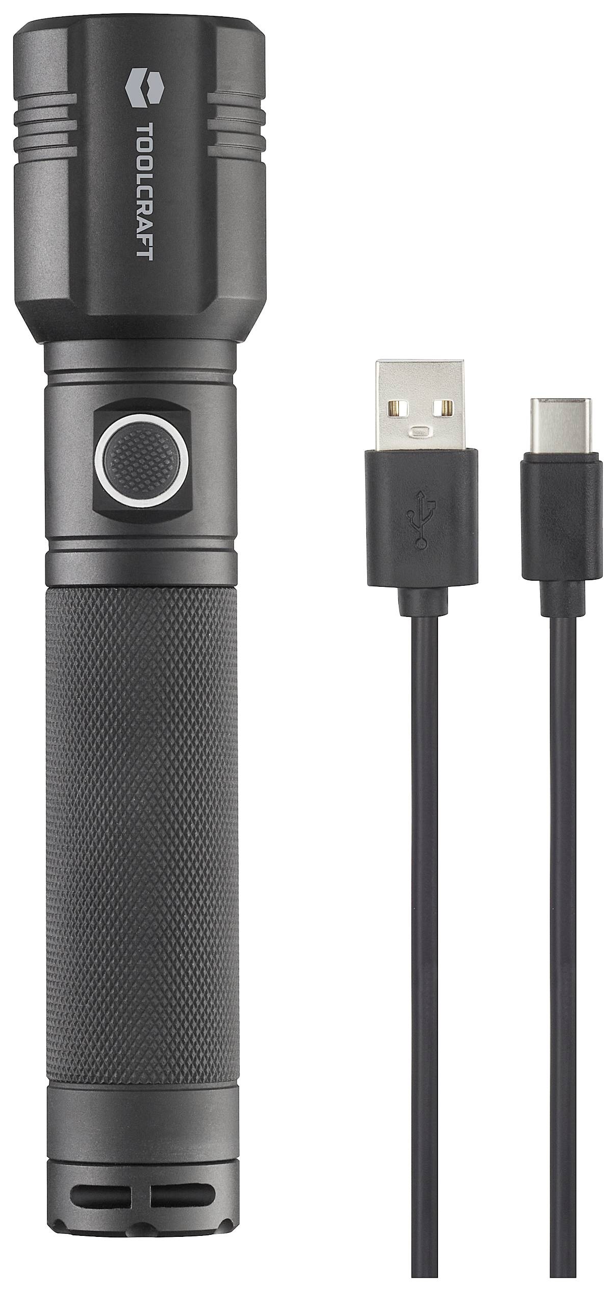 Eine schwarze Taschenlampe mit USB-C-Ladekabel. Die Taschenlampe hat einen rutschfesten Griff und einen großen Einschaltknopf.