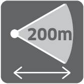 Symbol zeigt einen Peilstrahl mit der Aufschrift '200m'. Pfeil darunter weist auf Bewegungsrichtung hin.