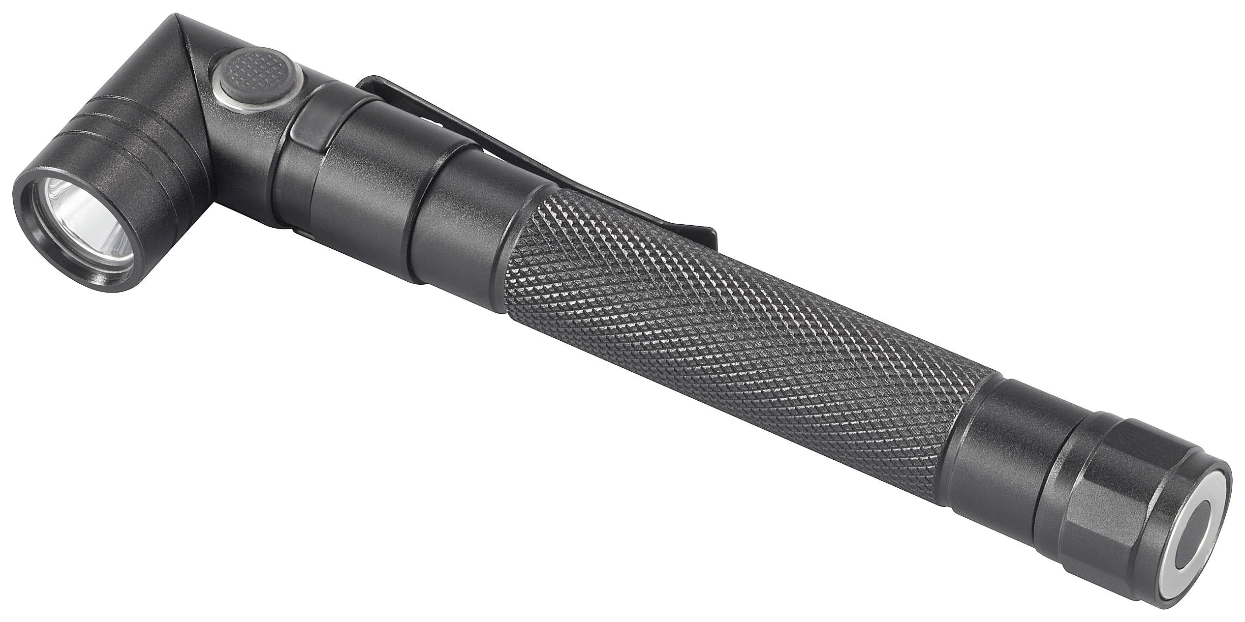 Schwarze, tragbare Winkel-Taschenlampe mit strukturiertem Griff und Knopfschalter, geeignet für Outdoor-Abenteuer oder Notfälle.