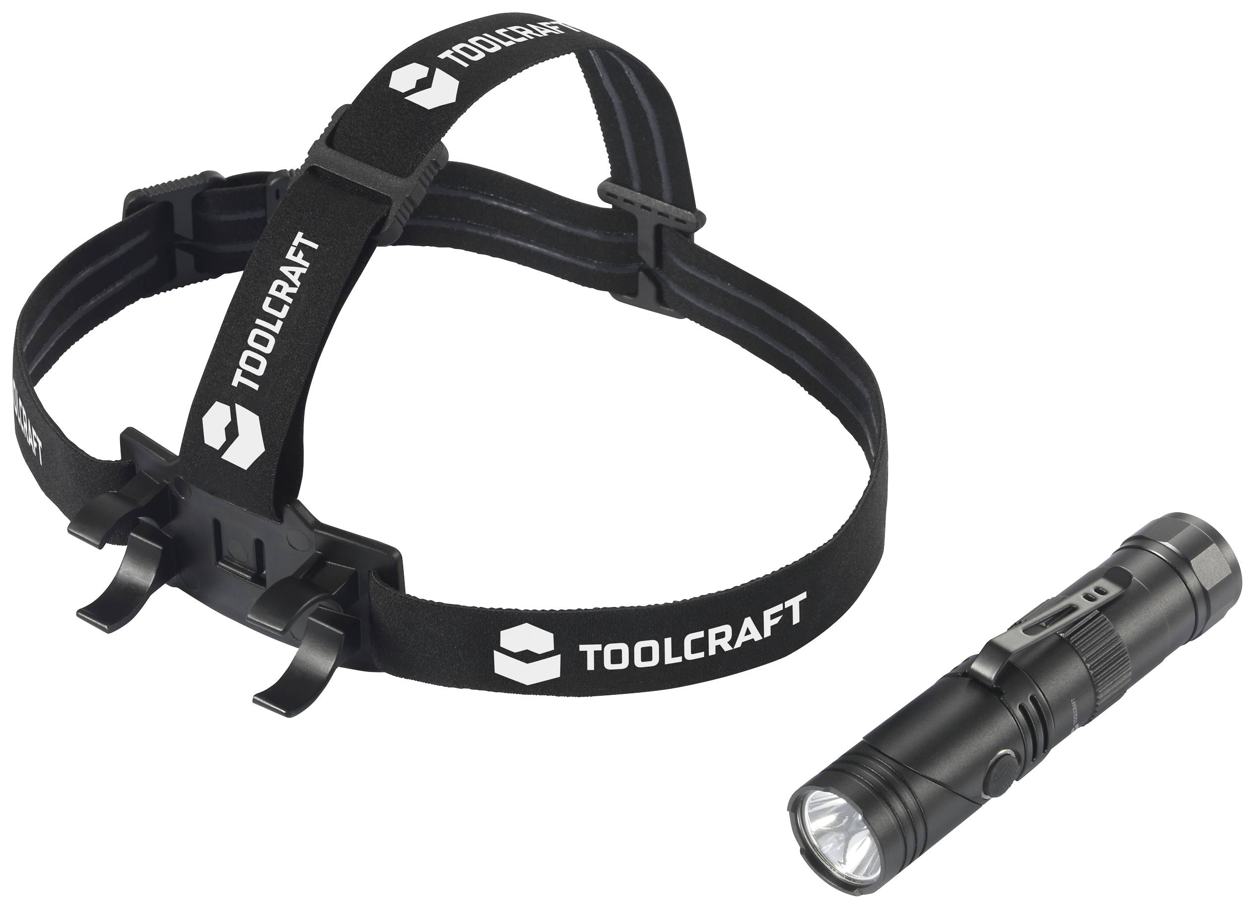 Stirnlampe von TOOLCRAFT mit abnehmbarem, schwarz und silbernem Taschenlampenaufsatz und einstellbarem Kopfband.