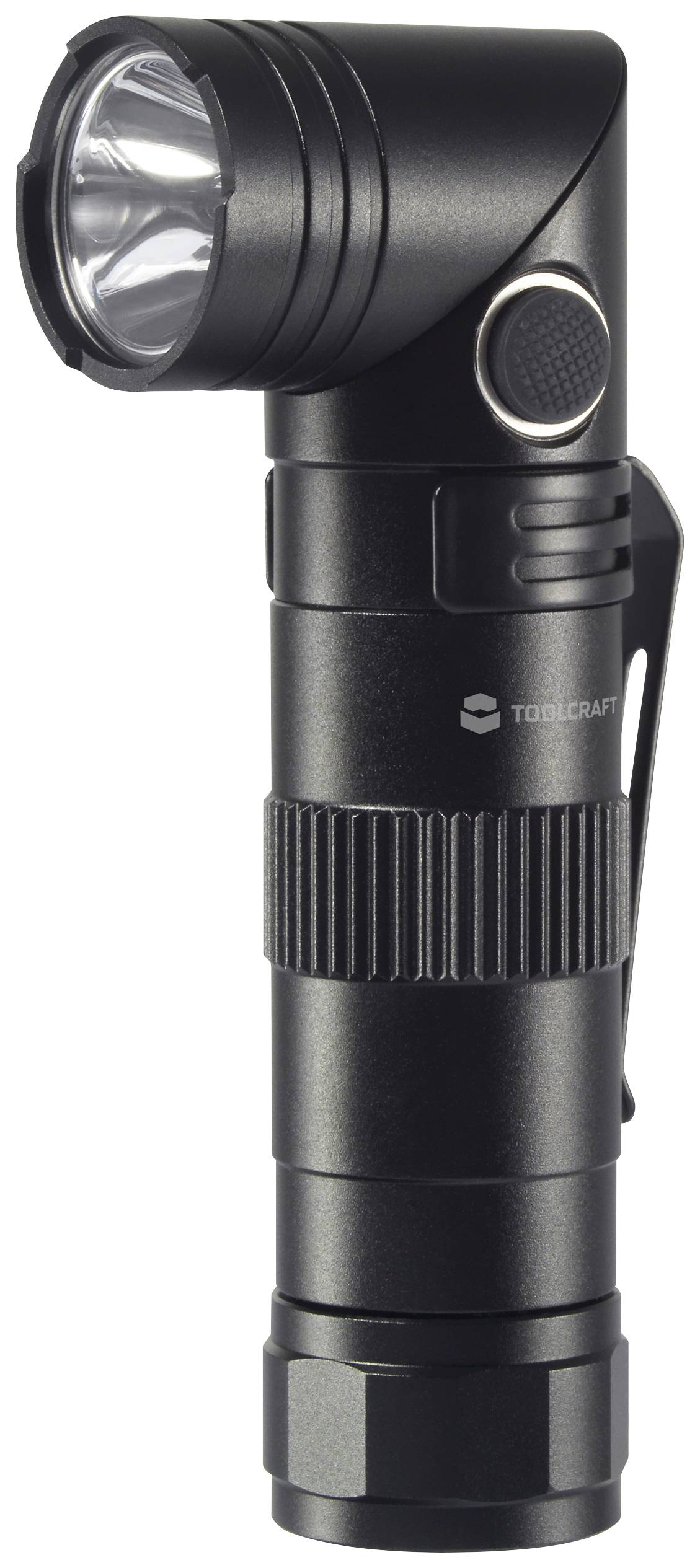 Schwarze, kompakte LED-Taschenlampe mit seitlichem Knopf und Gürtelclip, geeignet für vielseitige Beleuchtungssituationen.