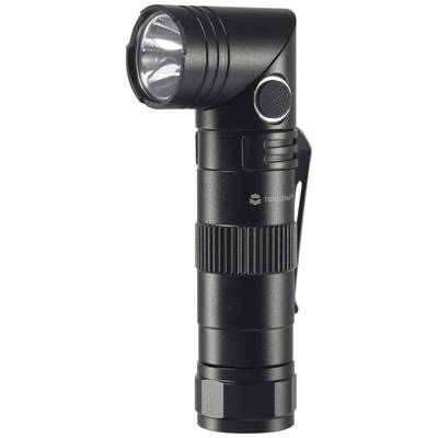 Schwarze, kompakte LED-Taschenlampe mit seitlichem Knopf und Gürtelclip, geeignet für vielseitige Beleuchtungssituationen.