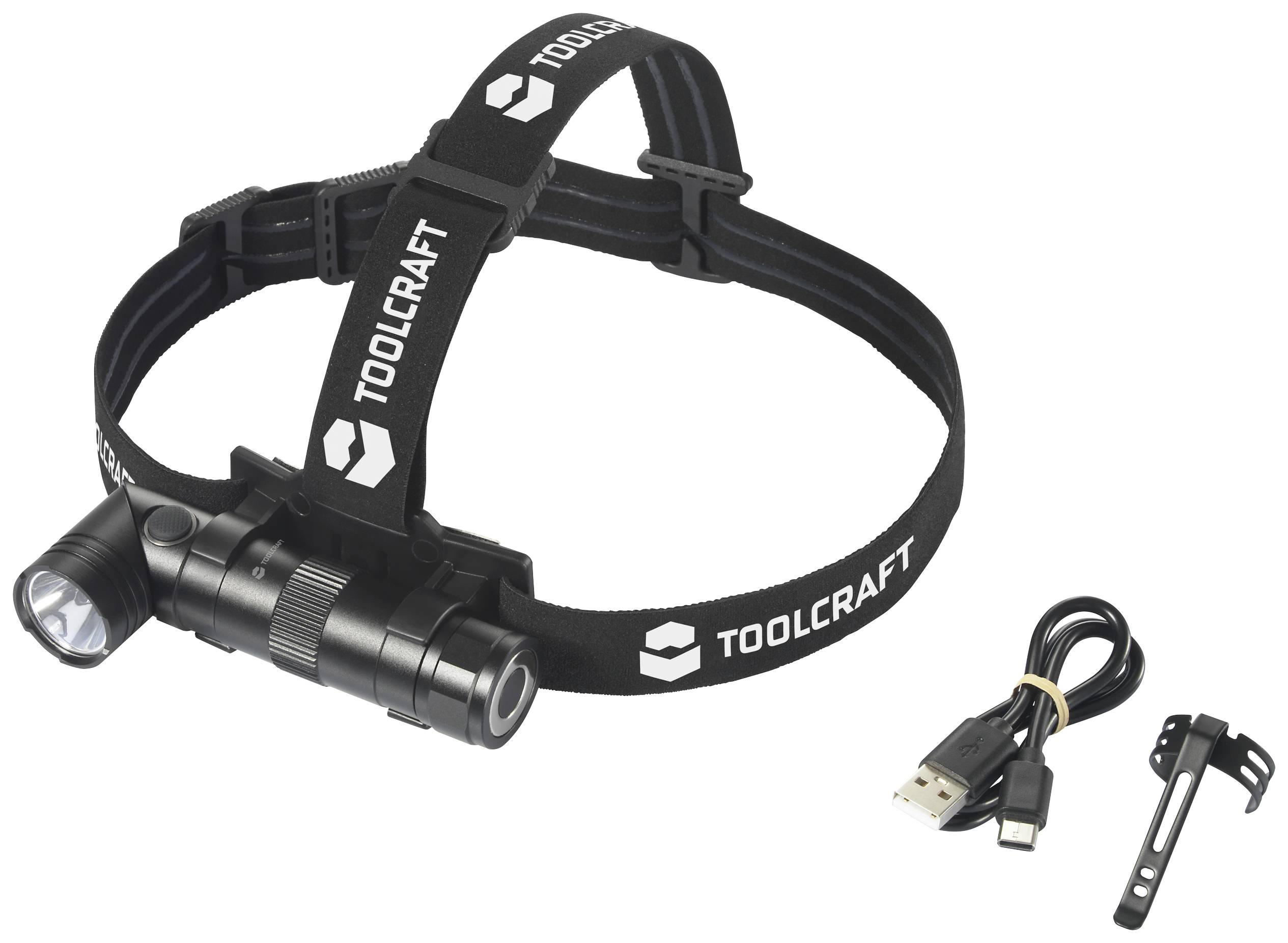 Stirnlampe von TOOLCRAFT mit verstellbarem Kopfband, LED-Licht, USB-Ladekabel und Halterung. Ideal für Arbeiten bei schlechten Lichtverhältnissen.
