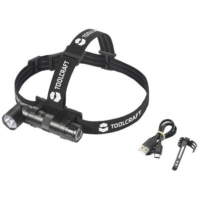 Stirnlampe von TOOLCRAFT mit verstellbarem Kopfband, LED-Licht, USB-Ladekabel und Halterung. Ideal für Arbeiten bei schlechten Lichtverhältnissen.