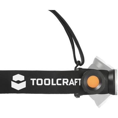Schwarzes Stirnband mit weißem 'Toolcraft'-Logo und einer orangenen Taste an der Seite, vermutlich für eine Lampe gedacht.