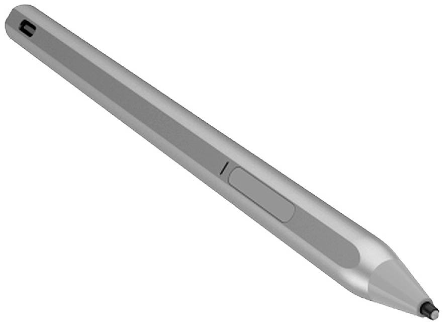 Ein silberner, metallischer Eingabestift mit einer Taste in der Mitte, geeignet für Touchscreen-Geräte.