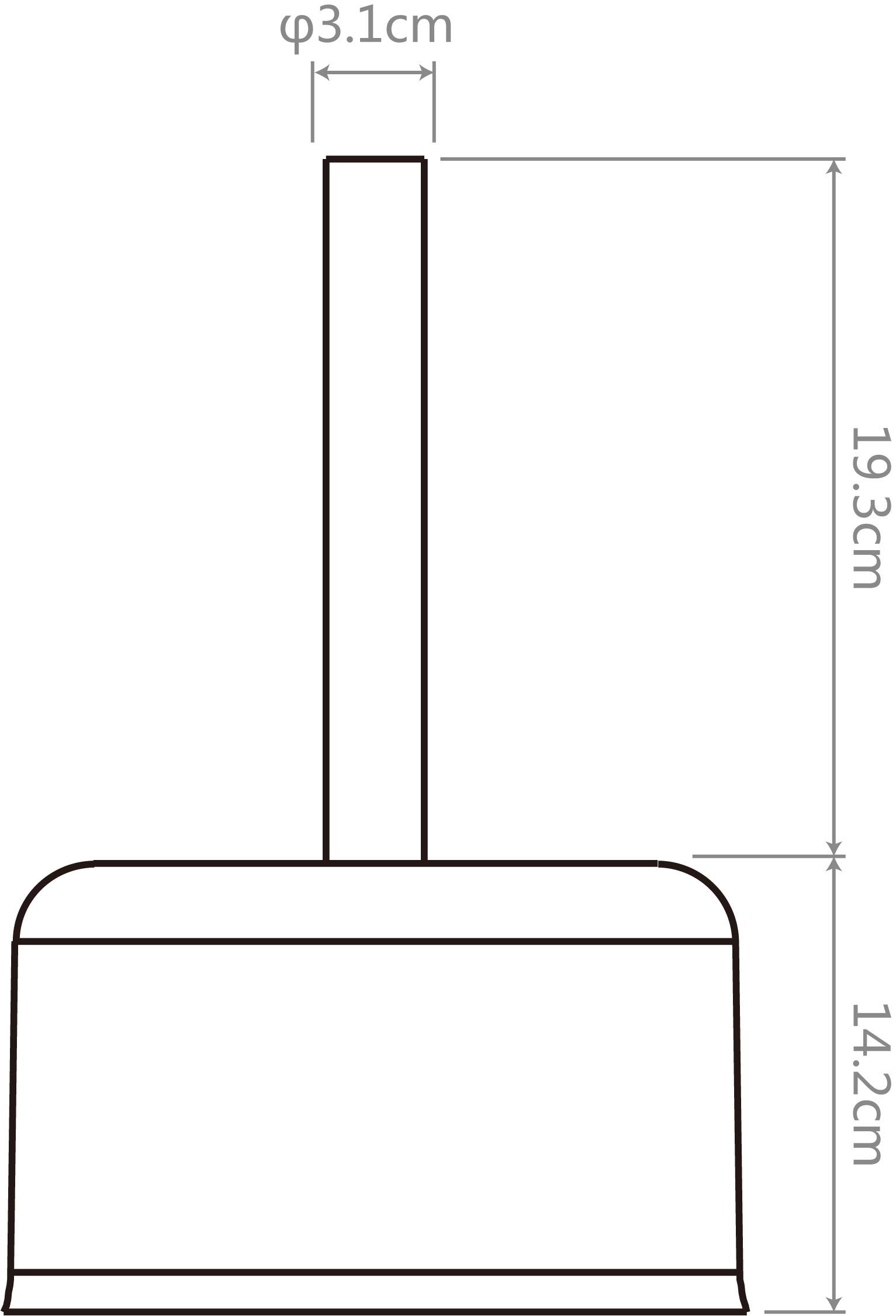 Zeichnung eines glattkantigen Besenstiels mit Maßen: Höhe 19,3 cm, Breite 14,2 cm, Griffdurchmesser 3,1 cm.