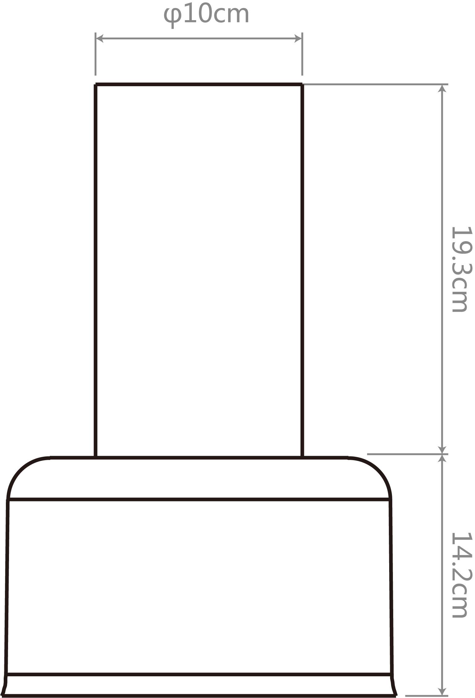 Technische Zeichnung eines zylindrischen Objekts mit einem oberen Durchmesser von 10 cm, einer Höhe von 19,3 cm und einer Basis von 14,2 cm.