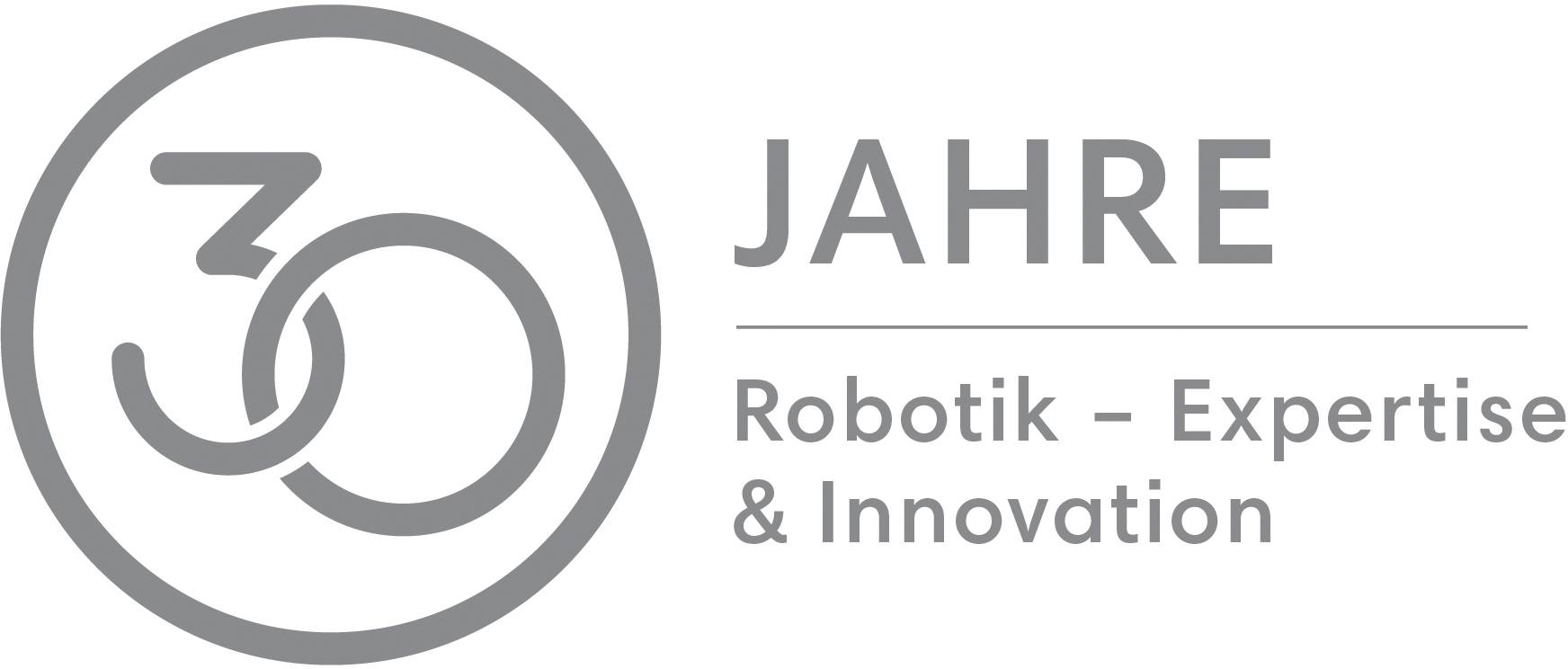 Logo mit Text: '30 Jahre Robotik – Expertise & Innovation'. Links ist eine stilisierte Zahl 30.
