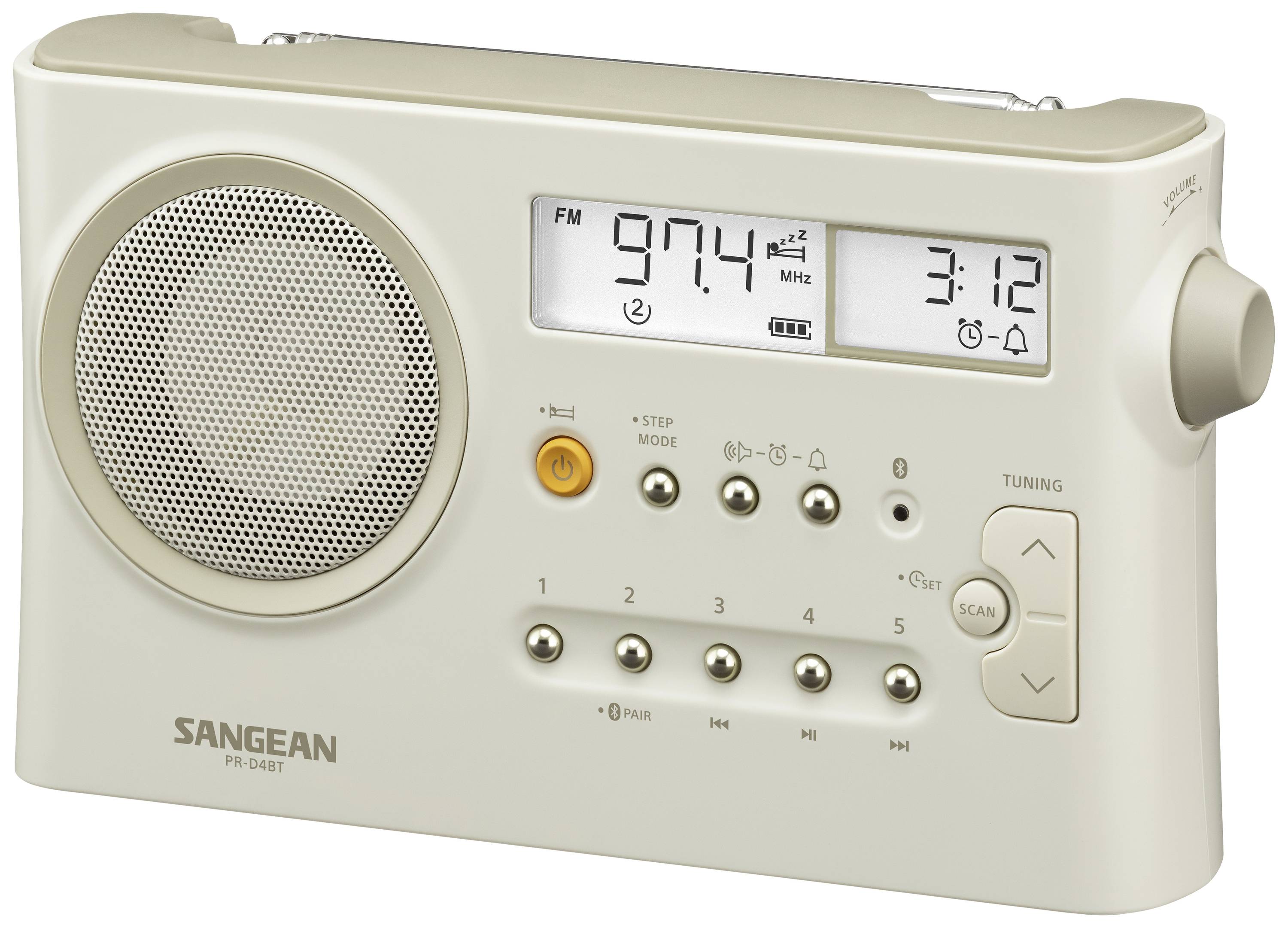 Tragbares Radio in Beige, zeigt UKW 97,4 MHz, Uhrzeit 3:12, mehrere Tasten und Lautsprecher auf der linken Seite.