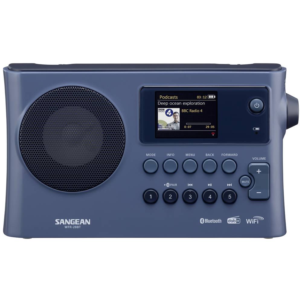 Sangean WFR-28BT Internetradio DAB+, FM WiFi, Bluetooth, AUX Acculaadfunctie, Spotify Donkerblauw