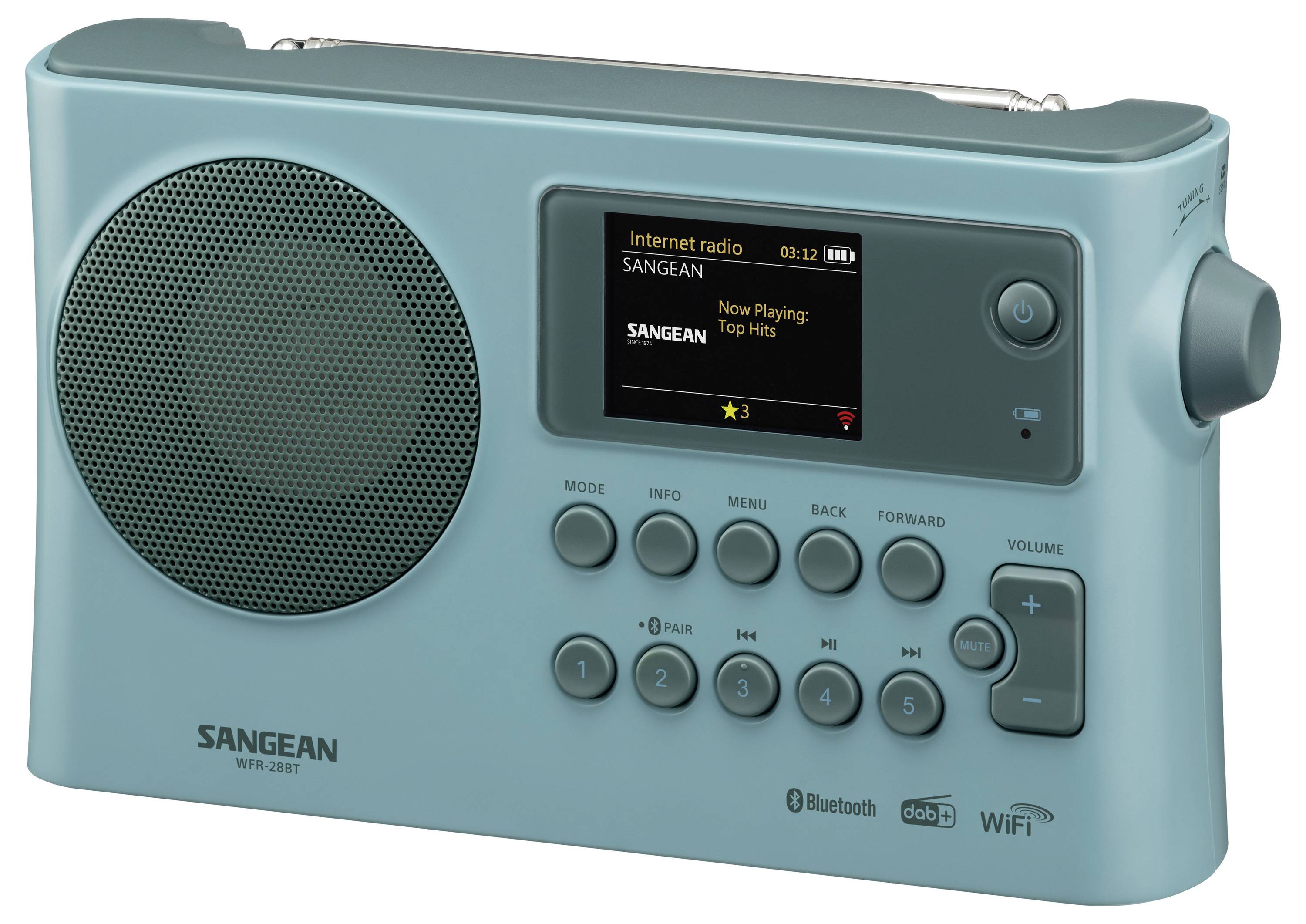 Teal Sangean Tischradio mit Internetradio und großem Lautsprecher, Display mit der Anzeige „Internetradio" und „Läuft gerade: TOP Hits" sowie Steuerschaltflächen.