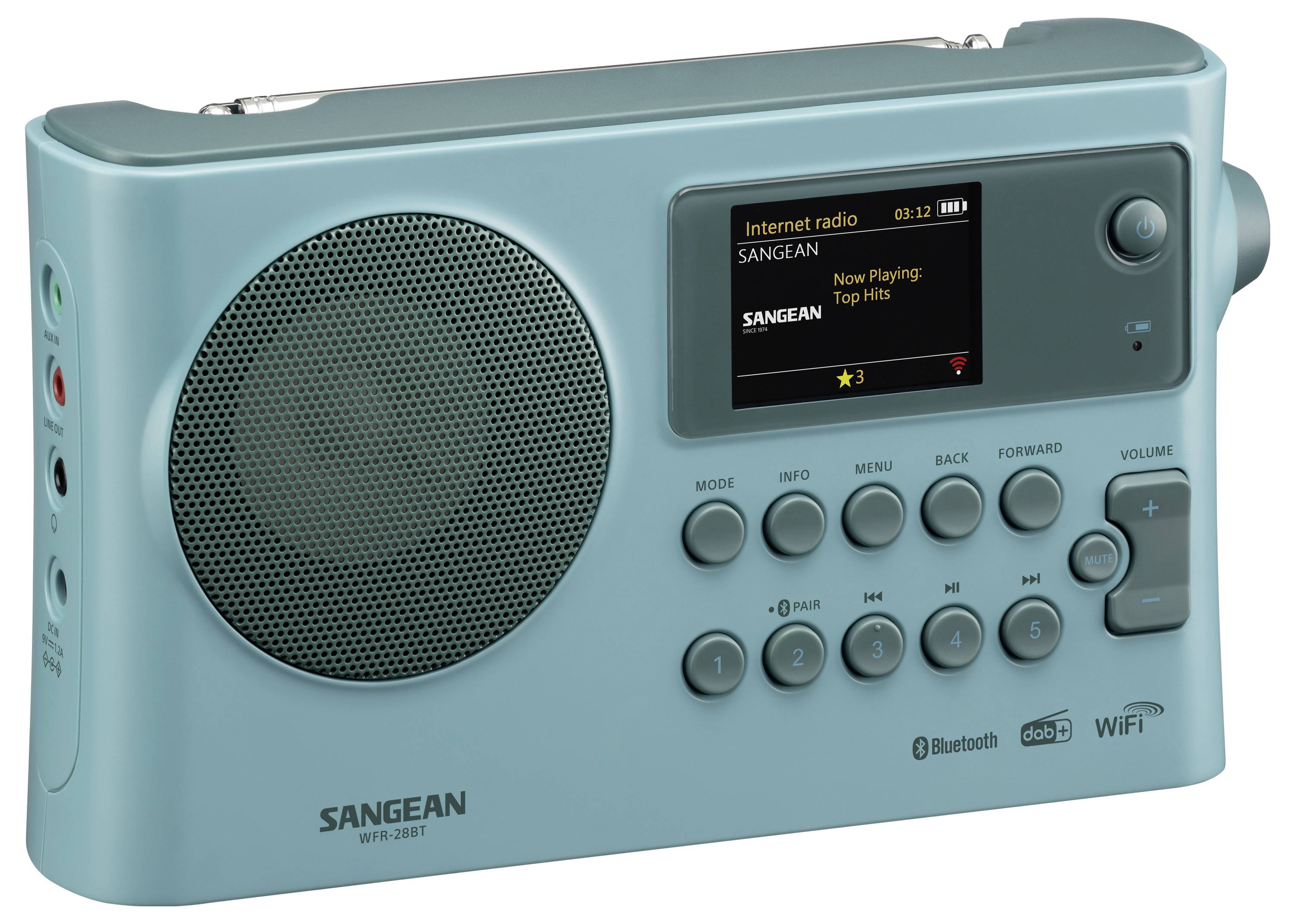 Teal Sangean Internetradio mit großem Lautsprecher, Anzeigebildschirm, Bedientasten und Lautstärkeregler.