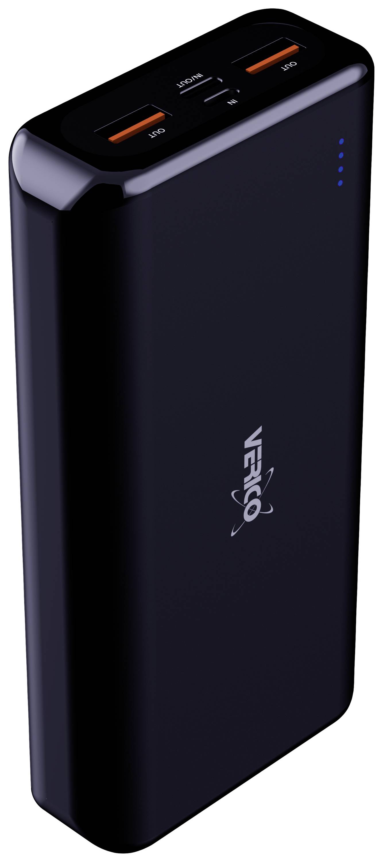 Eine schwarze Powerbank mit zwei USB-Anschlüssen und vier blauen LED-Anzeigen zur Batteriestandsanzeige auf der Seite.