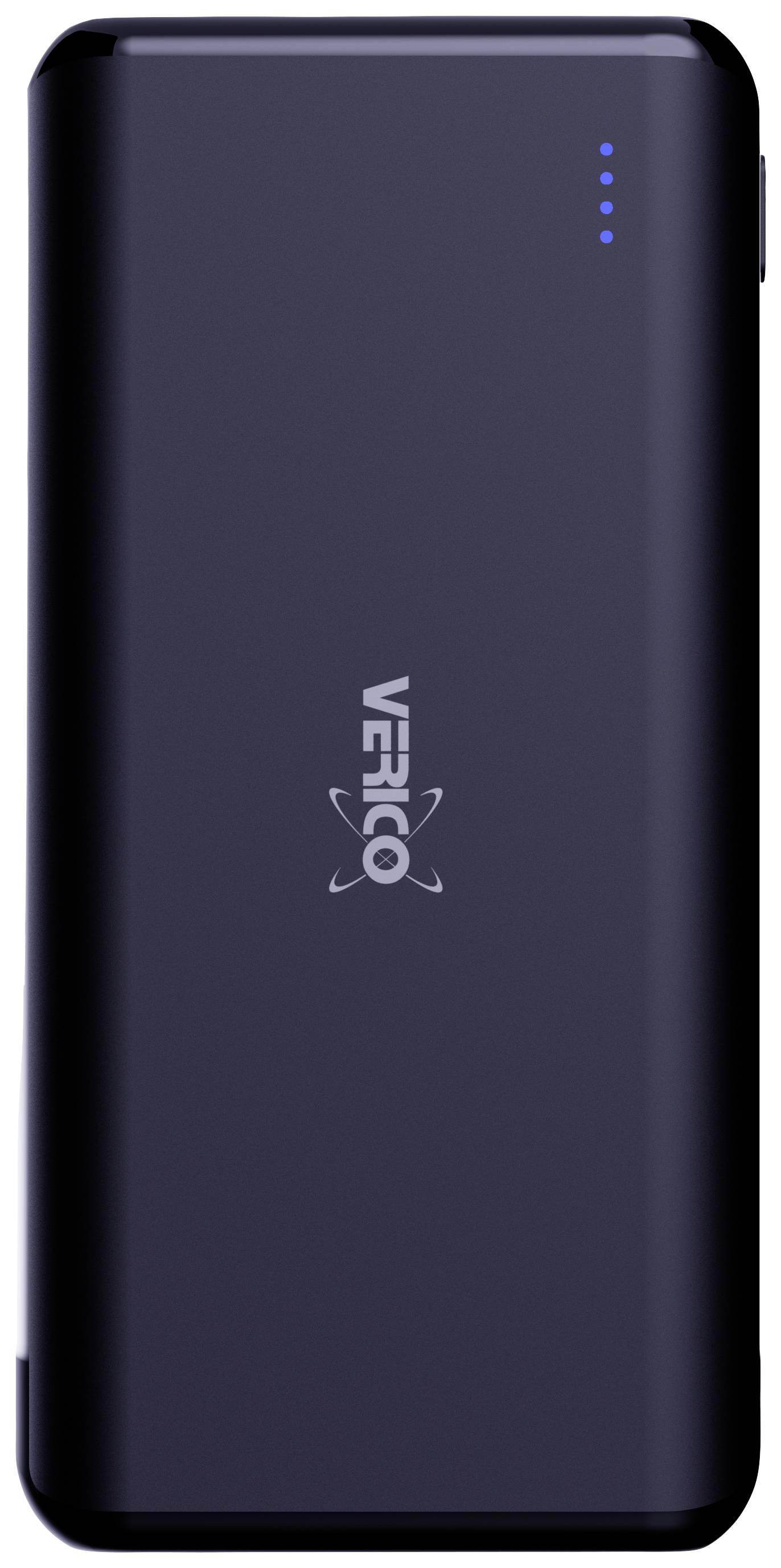 Schwarze Powerbank mit dem Logo 'VERICO' in der Mitte. Oben rechts vier blaue LED-Lichter zur Ladestandanzeige.