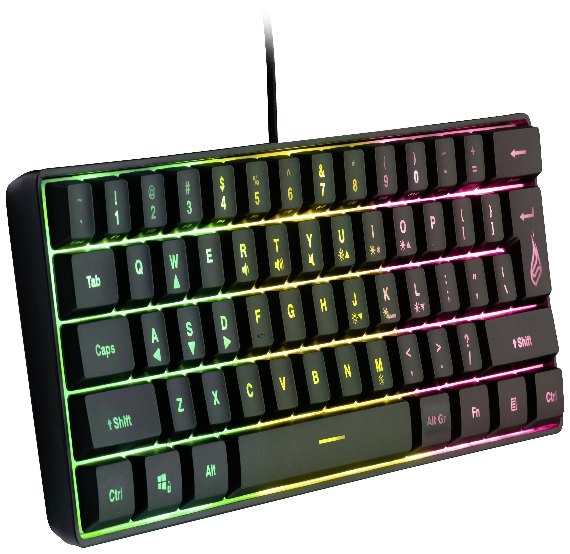 Eine mechanische Tastatur mit RGB-Beleuchtung, zeigt Tasten mit mehrfarbigen Lichtern. Obere Reihe: F-Tasten und Sonderzeichen.