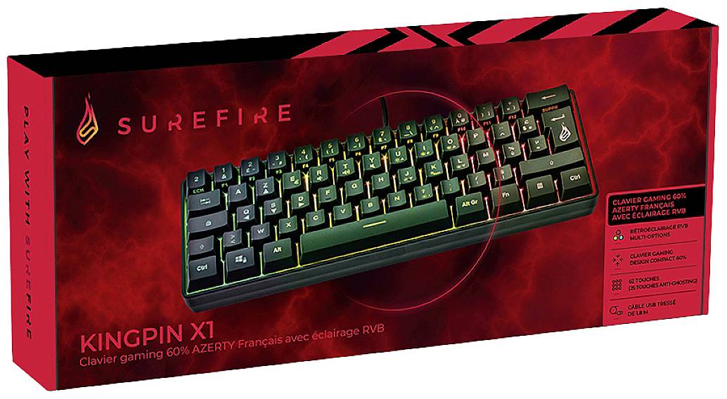 Verpackung eines Gaming-Tastaturmodells 'Kingpin X1' von Surefire, 60% AZERTY-Layout mit RGB-Beleuchtung, französische Version.