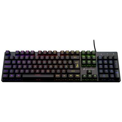 Eine Tastatur mit leuchtenden RGB-Tasten. Die LED-Beleuchtung wechselt Farbmuster.