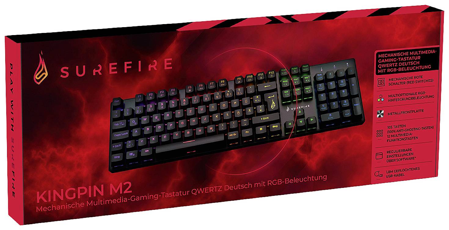 'KINGPIN M2 Mechanische Multimedia-Gaming-Tastatur' mit RGB-Beleuchtung. Verpackung mit roten und schwarzen Akzenten.