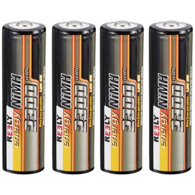 Vier AA-Batterien mit der Aufschrift 'Reely Energy 2300 mAh NiMH' in einer Reihe. Sie sind wiederaufladbar und haben eine orange-schwarze Gestaltung.