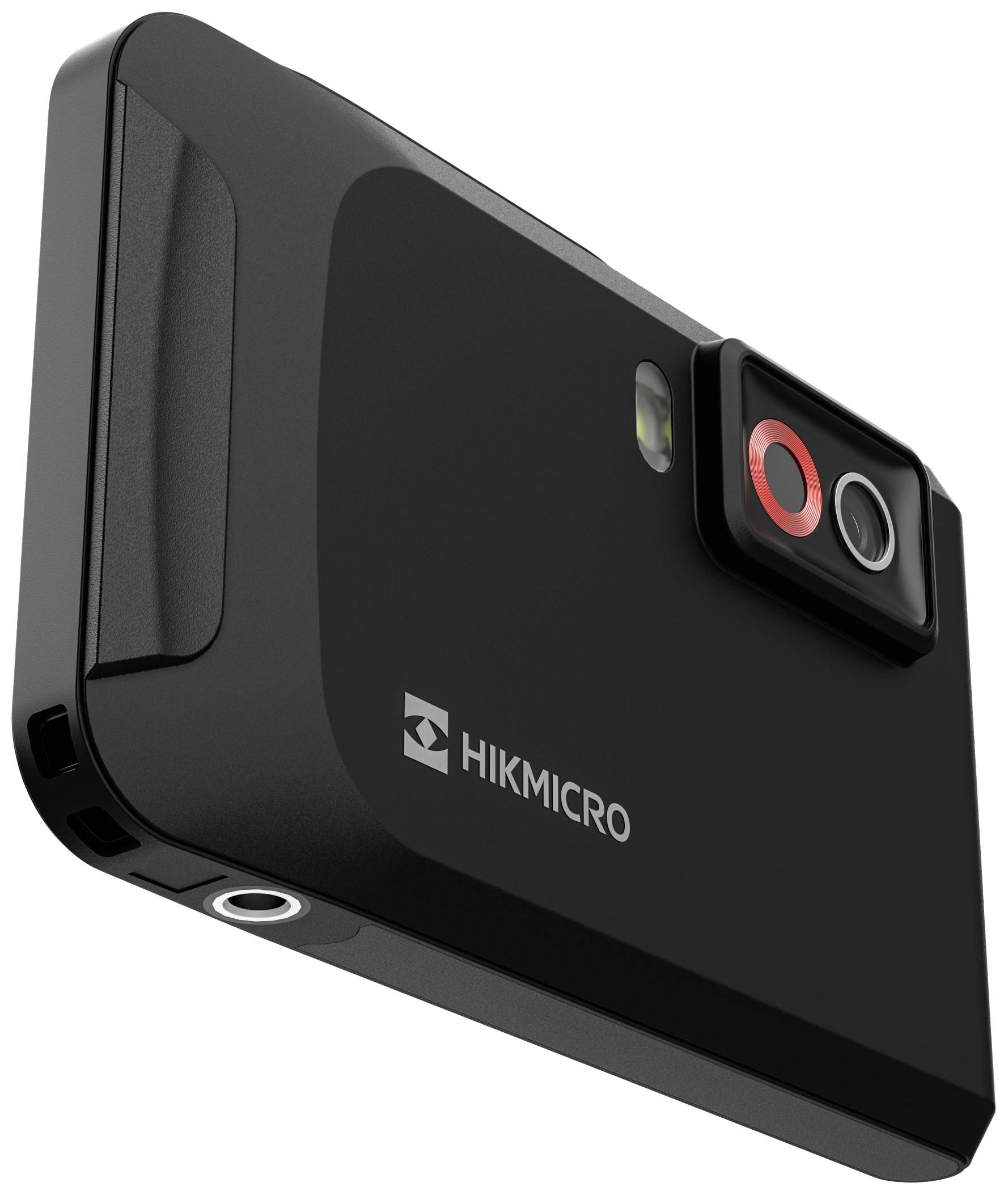 Schwarze Wärmebildkamera von Hikmicro, seitlich gezeigt, mit Linse und Sensor auf einer erhöhten Platte.