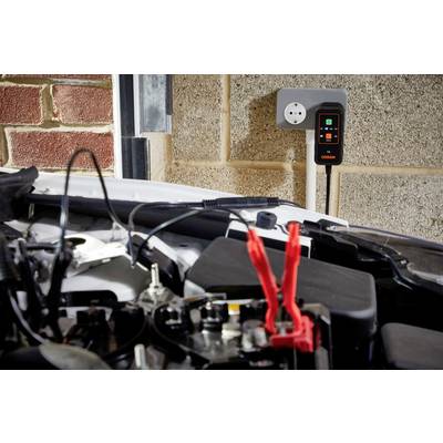 Ein Auto mit geöffneter Motorhaube ist an ein Ladegerät angeschlossen. Das Ladegerät ist an der Wand montiert und wird betrieben.