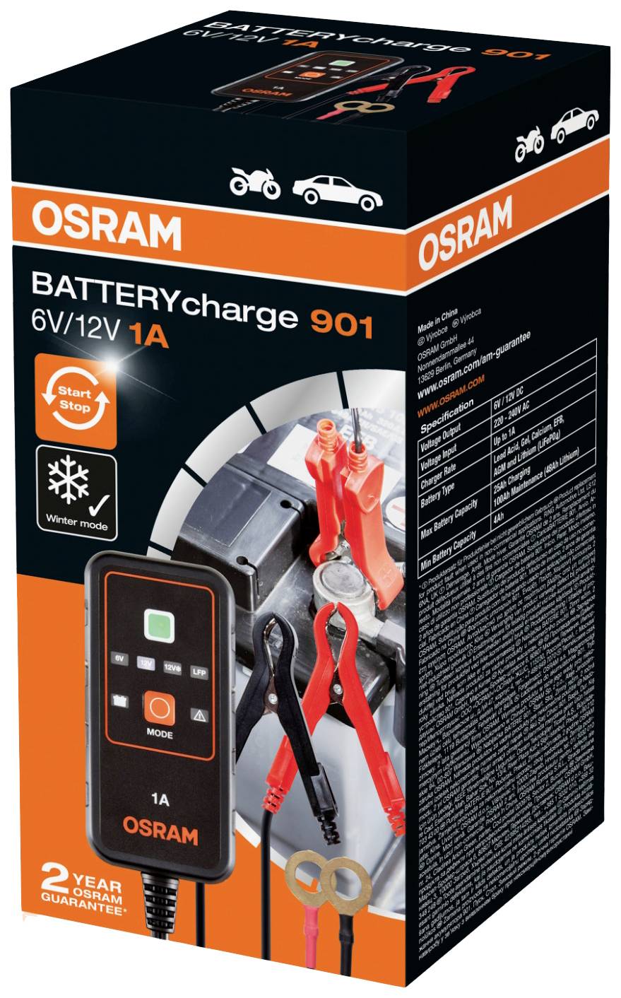 Osram Batterieladegerät-Verpackung für 6V/12V 1A mit Abbildung des Geräts und Klemmen, zeigt Hauptmerkmale und Garantiedetails.