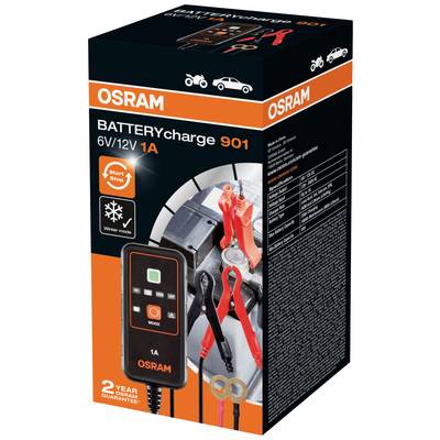 Osram Batterieladegerät-Verpackung für 6V/12V 1A mit Abbildung des Geräts und Klemmen, zeigt Hauptmerkmale und Garantiedetails.