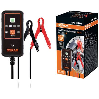 Osram BATTERYcharge 901 Ladegerät mit Klemmen, geeignet für Autos und Motorräder, 6V/12V, 1A. Verpackung zeigt Anwendungshinweise.