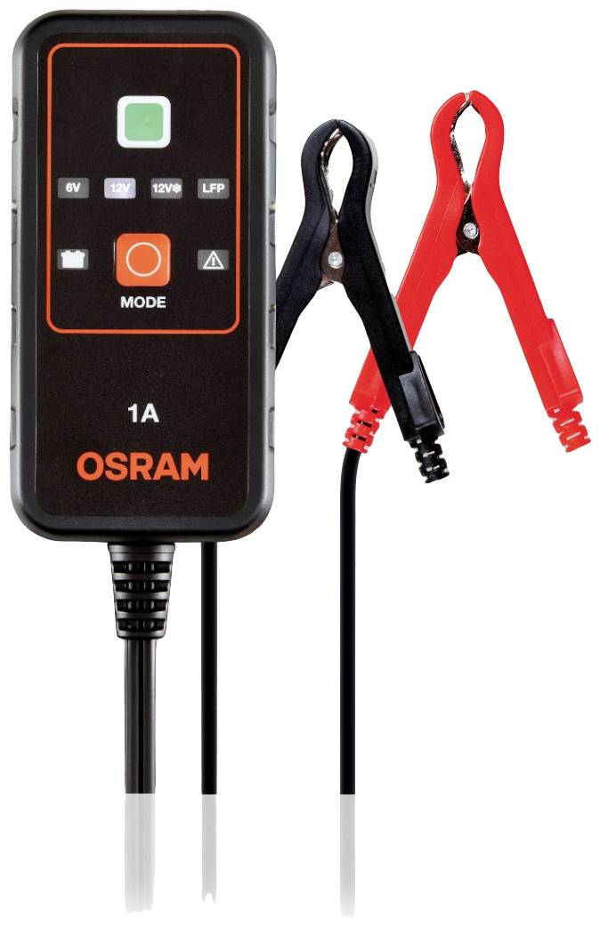 Osram Batterieladegerät mit Display und Klemmen. Unterstützt 6V und 12V-Batterien. Geeignet für Gel, AGM, LFP.