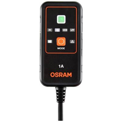Ein schwarzes OSRAM-Ladegerät zeigt Batterielade-Modi für 6V, 12V, 12V/8A und LFP an. Anzeige leuchtet grün, Taste "MODE".