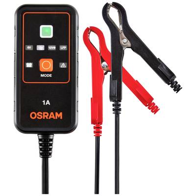 'Batterieladegerät mit Klemmen, Ladeanzeige mit 6V/12V Optionen, Moduswahlschalter und Osram-Logo.'