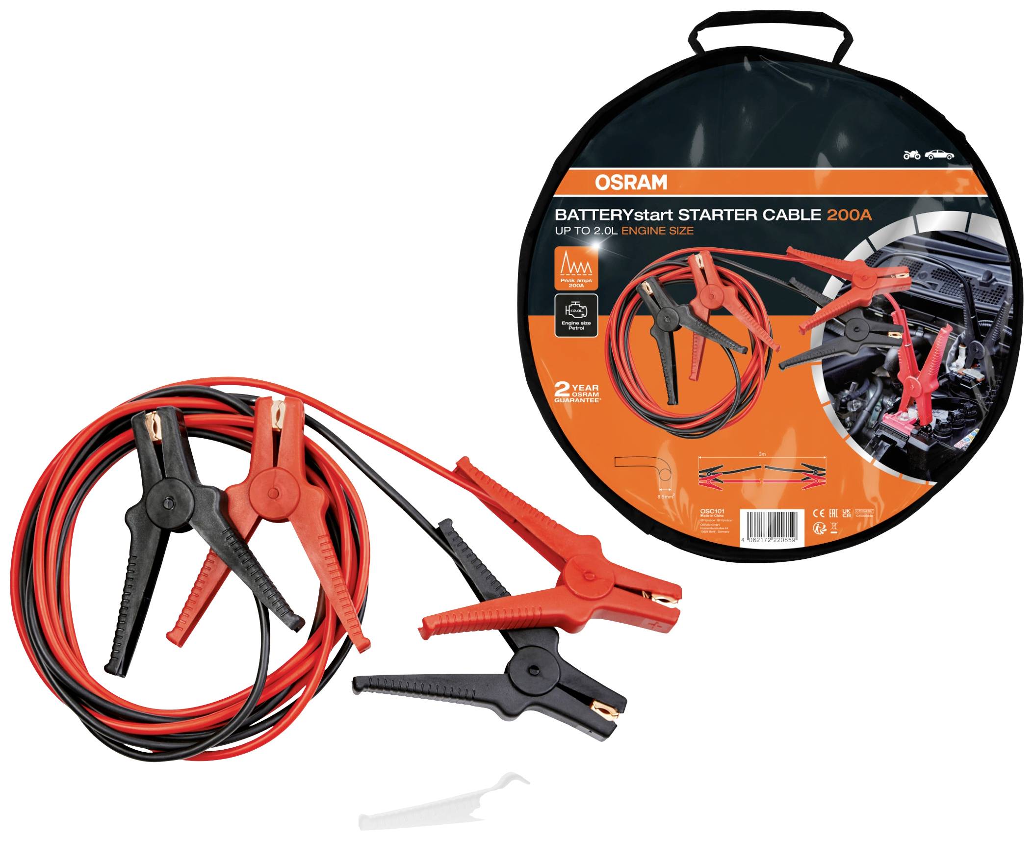 'OSRAM BATTERYstart Starterkabel 200A', 2 Meter lange, farblich kodierte Starthilfekabel für Kfz-Motoren bis 3,0 L. Inklusive Tasche.