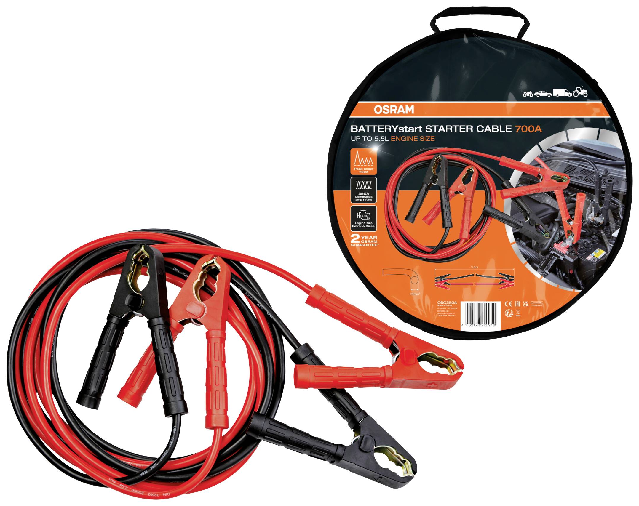 Starthilfekabel-Set in Schwarz und Rot, geeignet für Autos bis 3,5 l Motor, mit Transporttasche und Bild eines Motorraums auf der Verpackung.