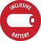 Eine rote Kreisfläche mit einem weißen Batterie-Symbol in der Mitte. Die Worte 'INCLUSIVE BATTERY' stehen in Weiß oben und unten im Kreis.