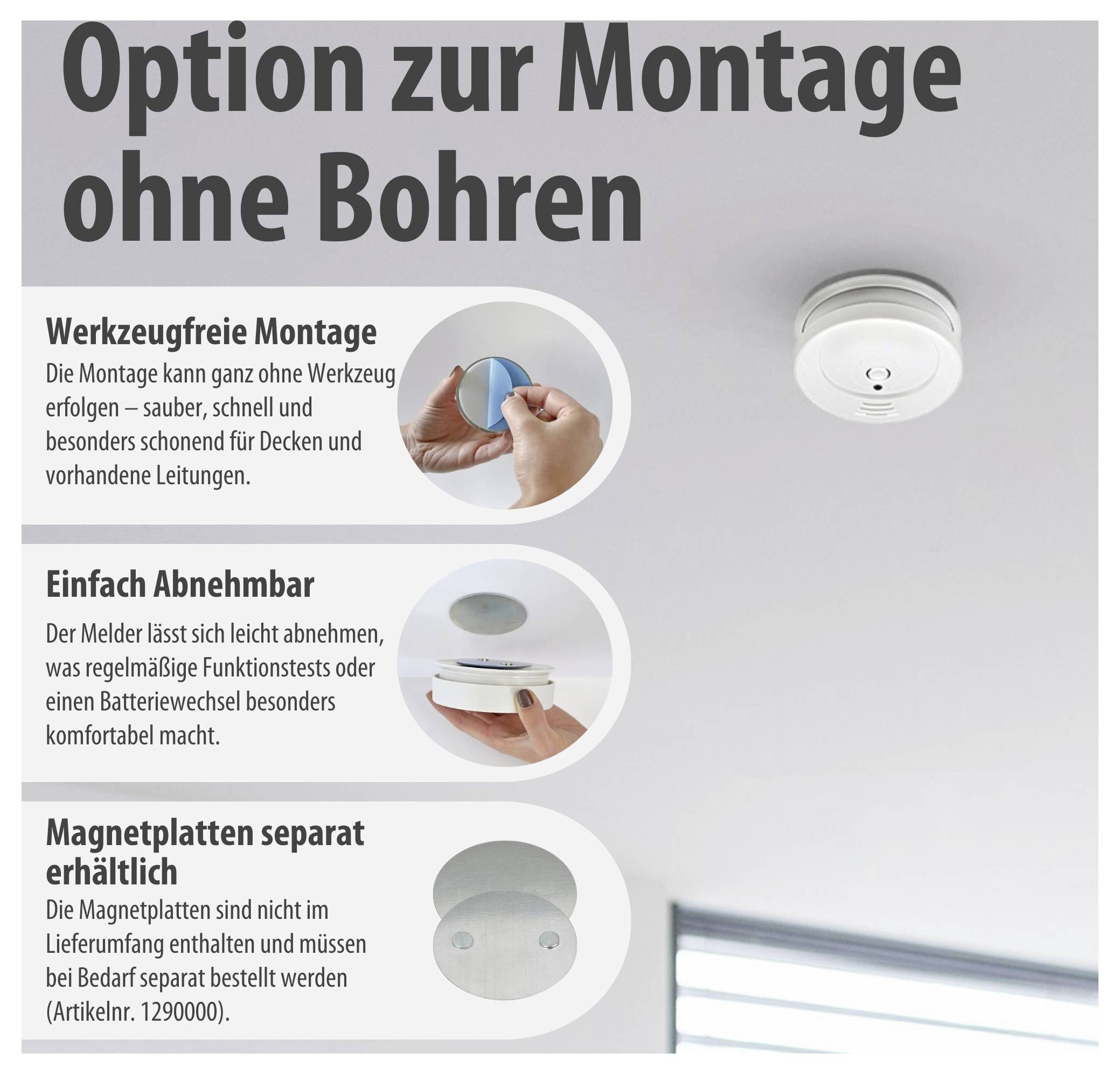 Werbegrafik mit Deckenleuchte: 'Option zur Montage ohne Bohren'. Erläutert werkzeugfreie, abnehmbare Montage und separat erhältliche Magnetplatten.<br>