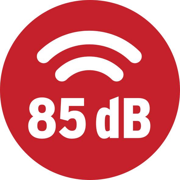 Rotes Symbol mit weißem WLAN-Symbol und der Aufschrift '85 dB', zeigt maximale Lautstärke zur Sicherheitswarnung an.