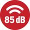 Rotes Symbol mit weißem WLAN-Symbol und der Aufschrift '85 dB', zeigt maximale Lautstärke zur Sicherheitswarnung an.