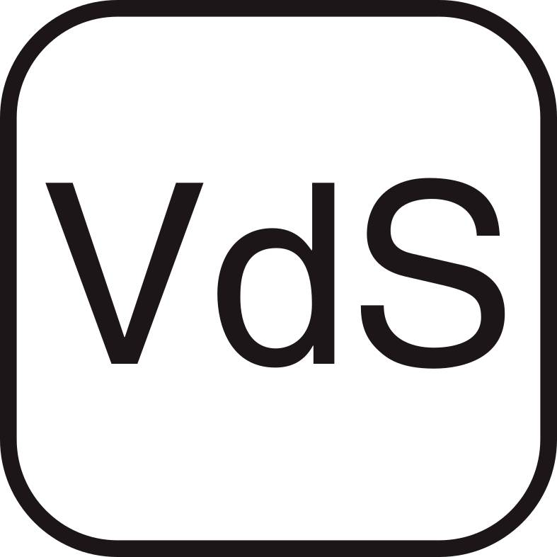 'VdS' ist in einem Quadrat dargestellt. VdS ist ein Prüfzeichen für Sicherheits- und Brandschutztechnik.