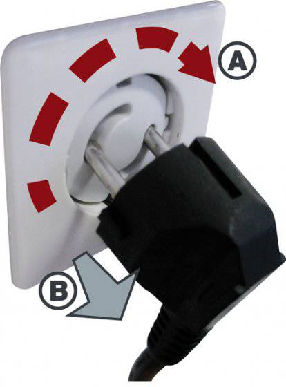 Steckdose mit Schuko-Adapter. Der Pfeil (A) zeigt, wie der Adapter gedreht werden muss, bevor der Stecker (B) eingesteckt wird.