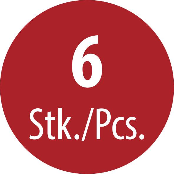 Rotes Kreisetikett mit weißem Text „6" über „Stk./Stck.", was eine Menge von 6 Stück angibt.
