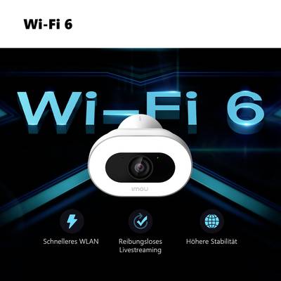 Eine Kamera vor einem 'Wi-Fi 6' Hintergrund. Text: 'Schnelleres WLAN, Reibungsloses Livestreaming, Höhere Stabilität'.