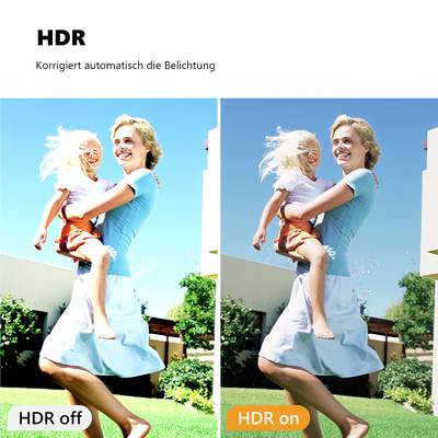 'HDR: Korrigiert automatisch die Belichtung. Bild zeigt eine Frau, die mit einem lachenden Kind auf dem Arm draußen steht.'