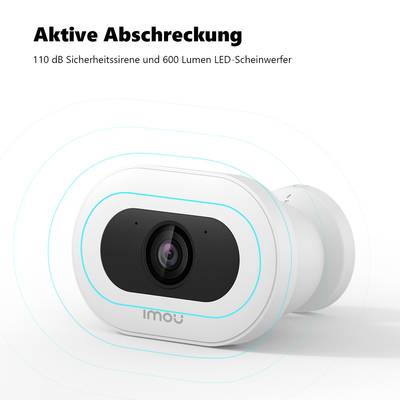 'Weiße Sicherheitskamera mit 110 dB Sirene und 600 Lumen LED-Scheinwerfer. Text: Aktive Abschreckung.'