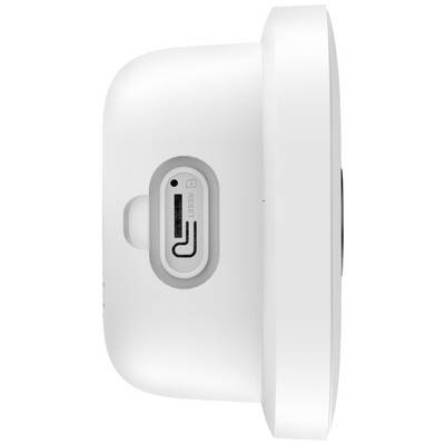 Weiße, runde Geräteseite mit einem Reset-Knopf und einem USB-C-Anschluss, die Funktionselemente auf der Unterseite zeigend.