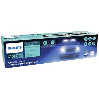Verpackung einer Philips Ultion Drive LED-Leiste mit Autoabbildung bei Nacht, betont hohe Lichtleistung und Langlebigkeit.
